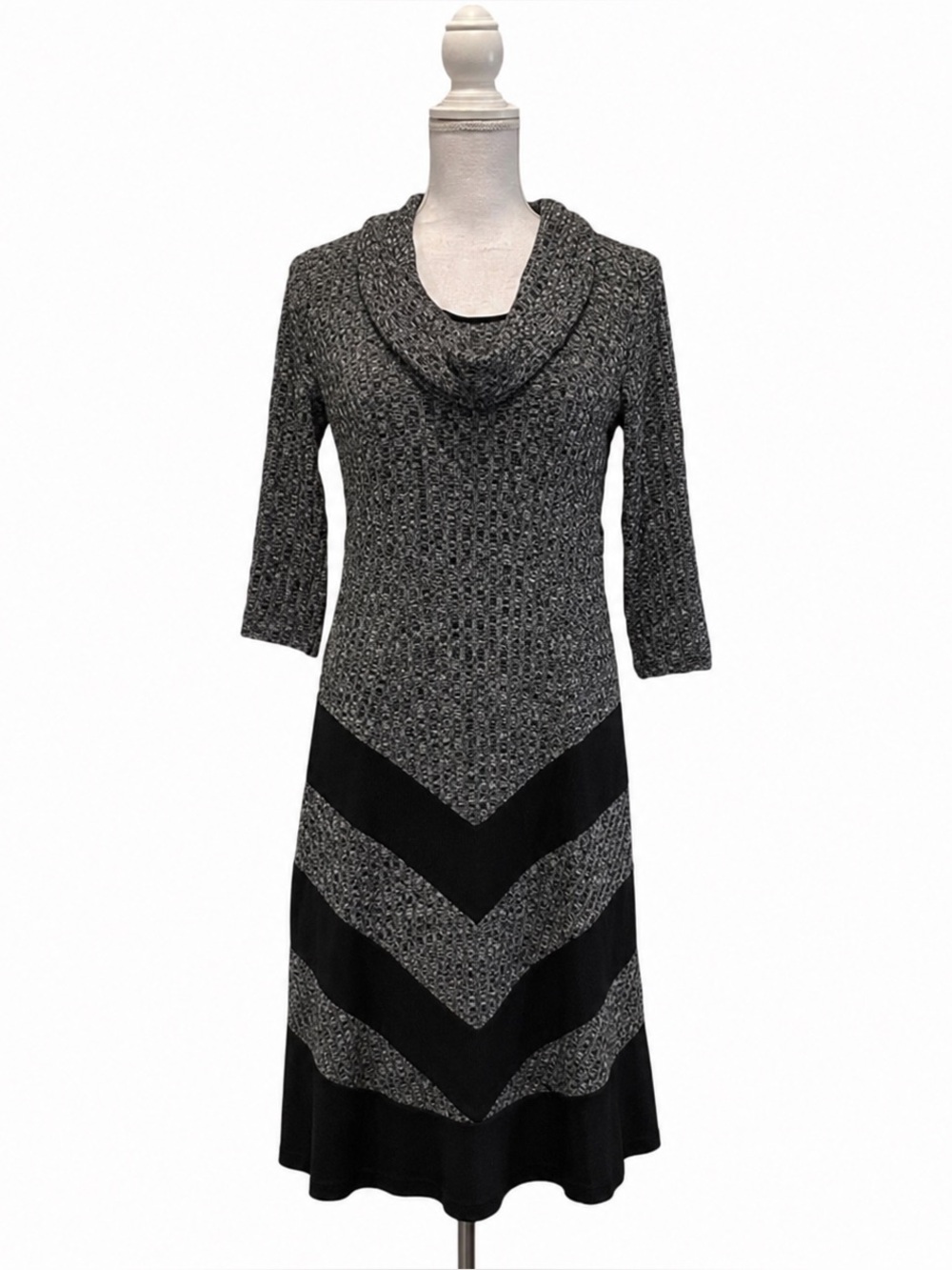 Robbie Bee Grey Knit Dress black accent stripes scarf